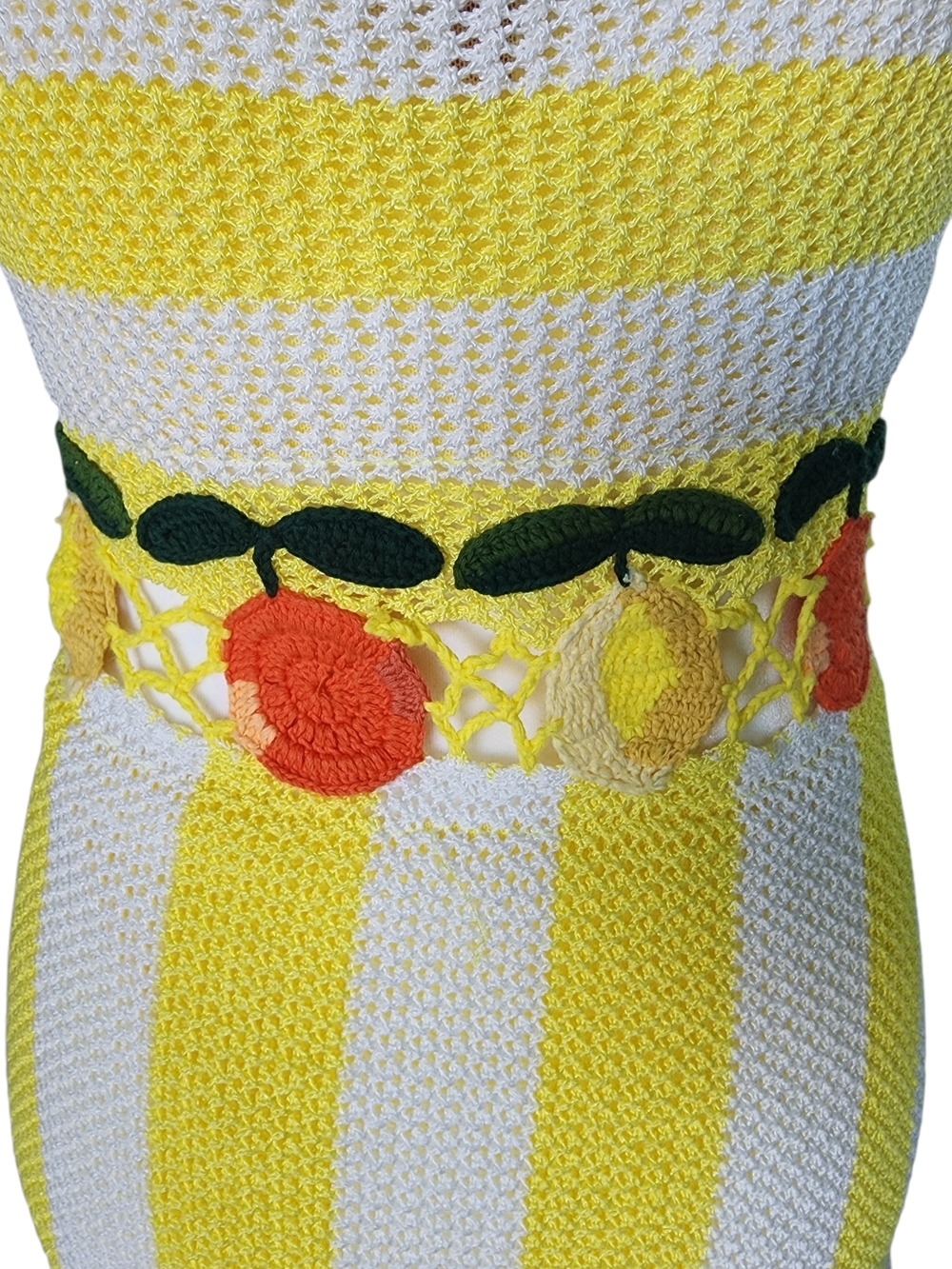 STAUD Yellow and White Striped Crochet Midi Dress with Fruit Trim - Picture 7 of 12